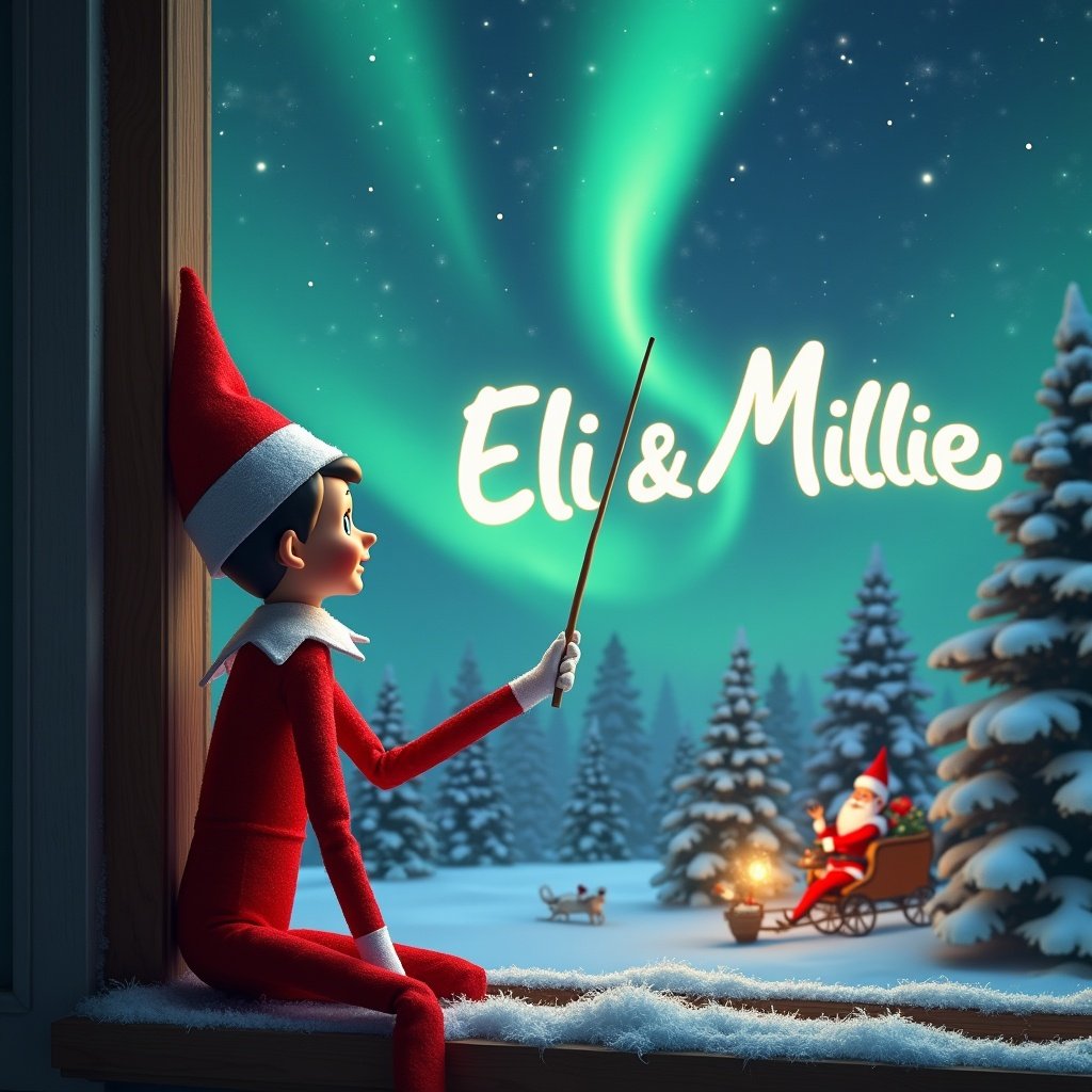 Elf on the shelf faces the sky. Elf uses a wand to write Eli & Millie in the sky. Background shows a magical Christmas scene with northern lights and Santa.