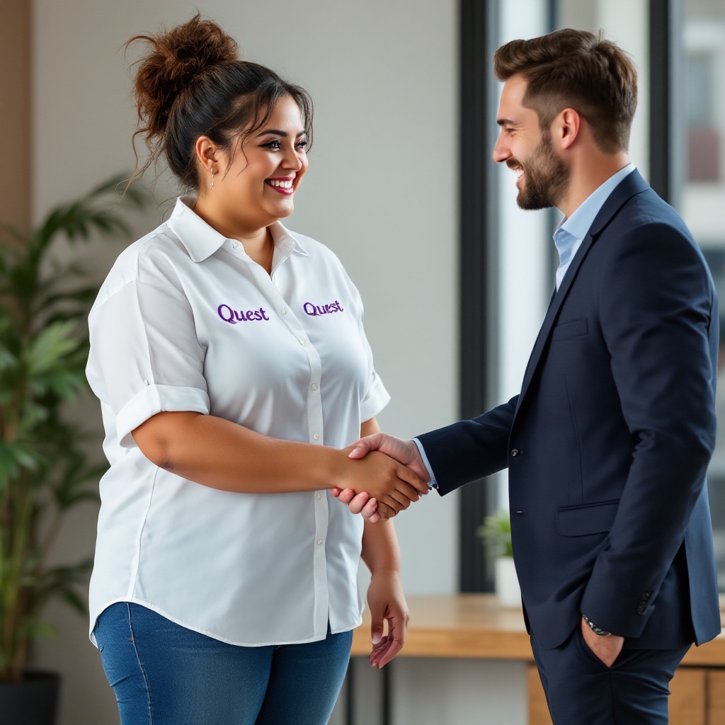 A confident Spanish daycare teacher stands smiling. She wears a white shirt with 'Quest' logo and blue jeans. The teacher shakes hands with a well-dressed male executive. They celebrate a successful deal in a welcoming office setting.