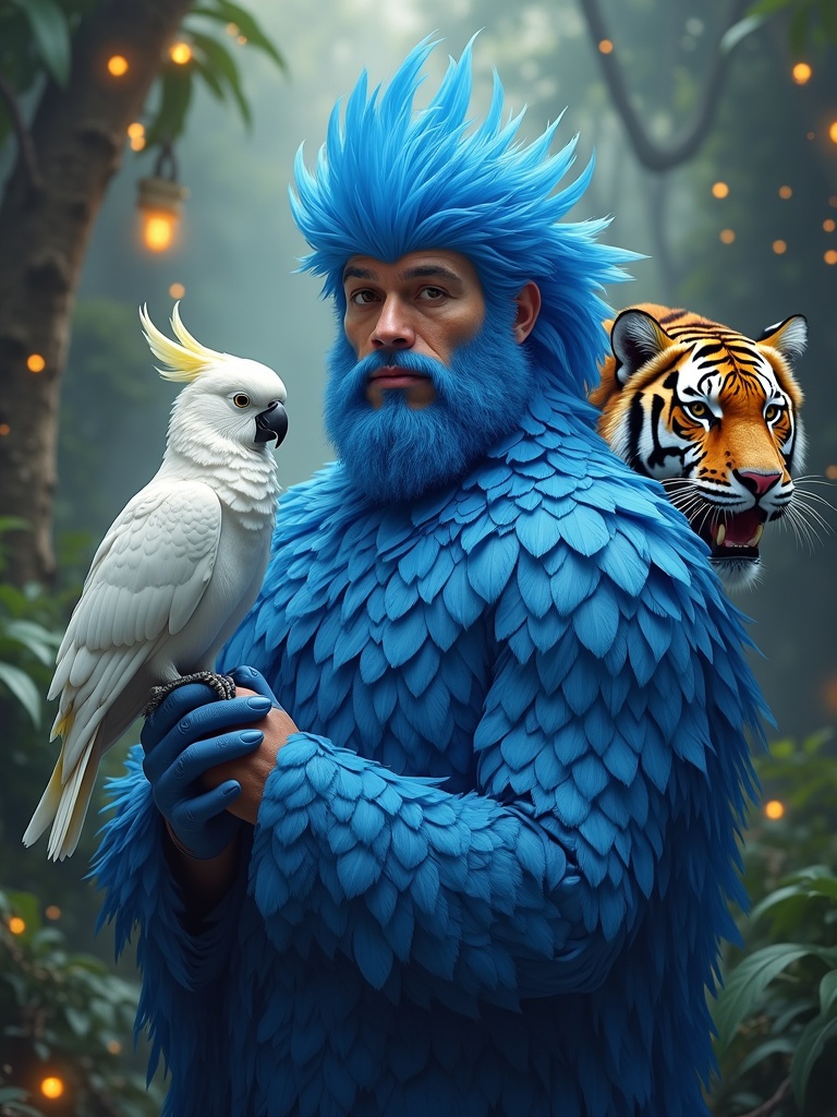 A humanoid male covered in intricate blue feathers. Tall and muscular. Resembles an avian-human hybrid. Strong human facial structure with intelligent eyes. Long flowing feathers moving with the wind. Perched on his arm is a white cockatoo with vibrant yellow eyes. Riding an otherworldly tiger covered in colorful feathers. The tiger's body has red, blue, green, and yellow shimmering feathers. Ancient mystical rainforest in the background. Glowing vines and ethereal mist surrounding the scene. Soft floating lights creating a dreamlike atmosphere.