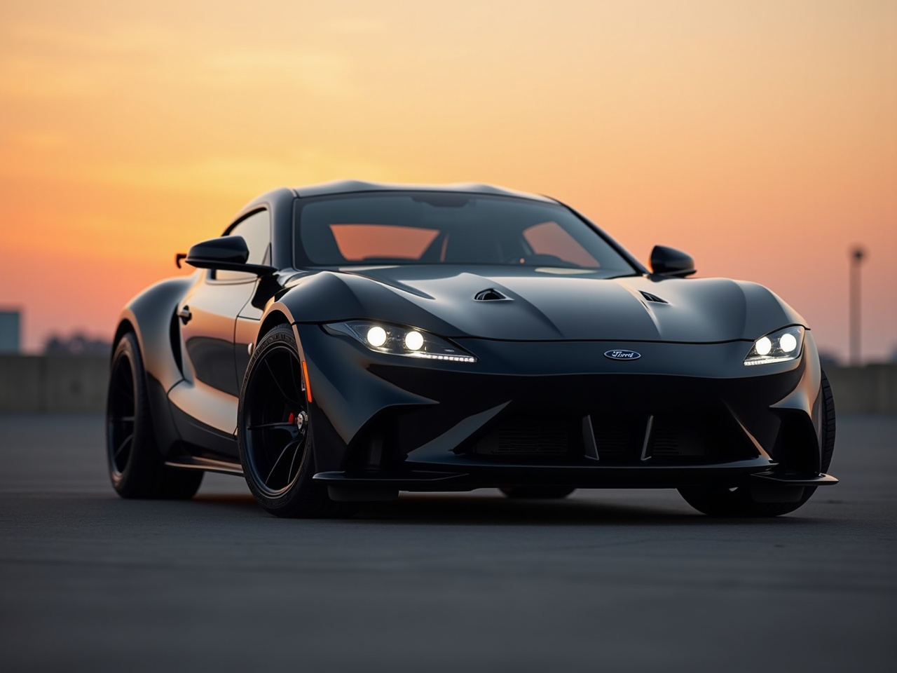 Show me the front-on angle of this black sports car. The car has a sleek design with a low profile and wide stance. It features unique headlights and an aggressive front bumper. The background should have a gradient sunset, adding depth to the scene. The car's wheels are sporty and well-defined. Capture the car’s lines and curves, highlighting its aerodynamic shape.