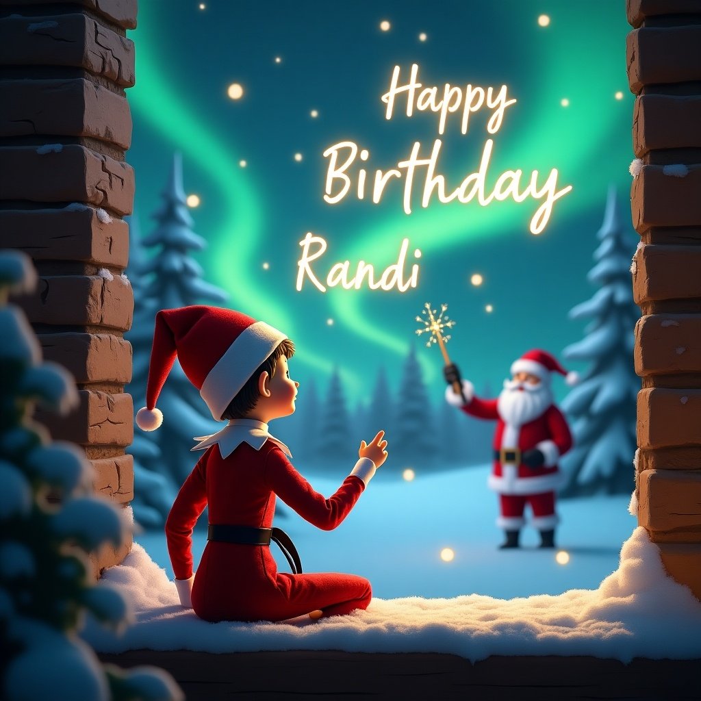 Enchanting Christmas scene. Elf in Karate outfit sits gazing upwards. Wand writes 'Happy Birthday Randy' in night sky. Northern lights in background with distant Santa. Snow blankets ground, captures holiday joy and wonder.