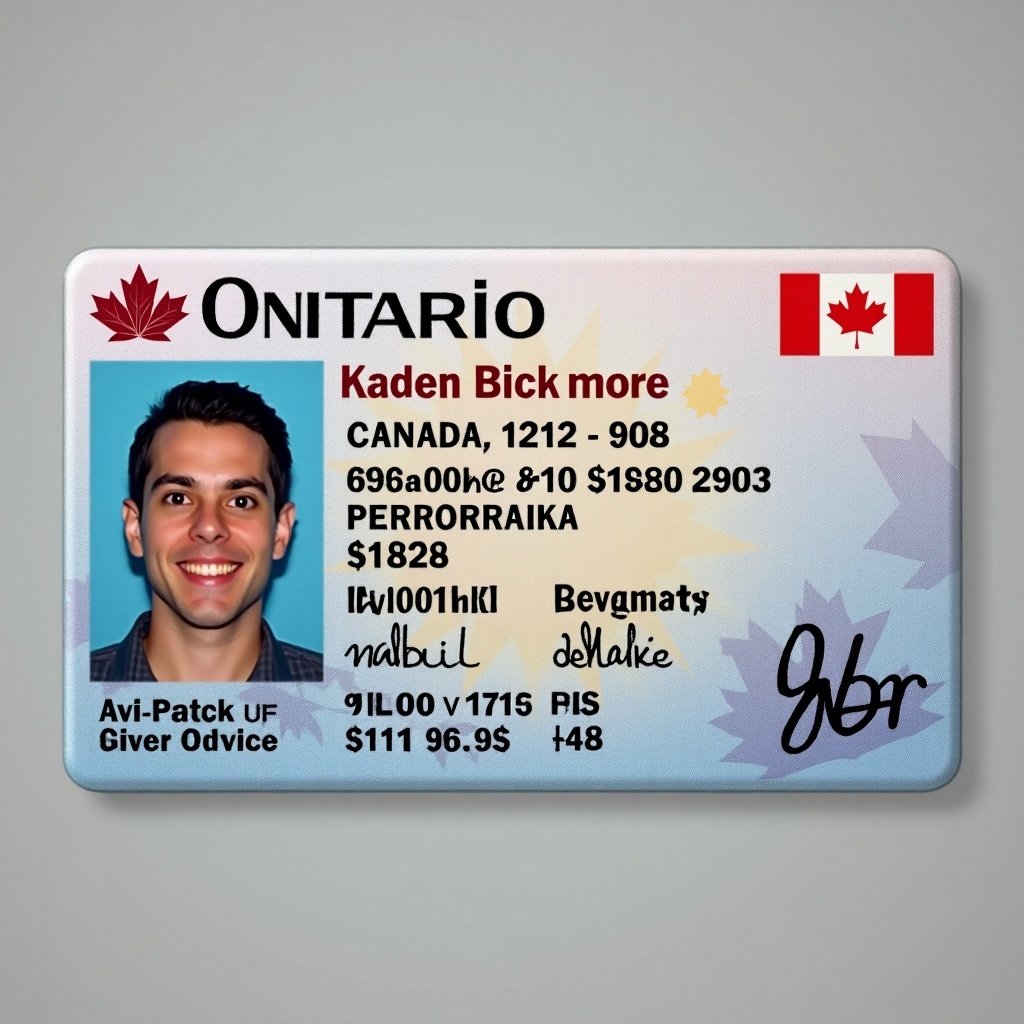 Image of a realistic Ontario driver's license. Display name Kaden Bickmore. Card includes ID details and unique license number. Features elements of the Canadian flag. Vibrant aesthetic design of the ID card.