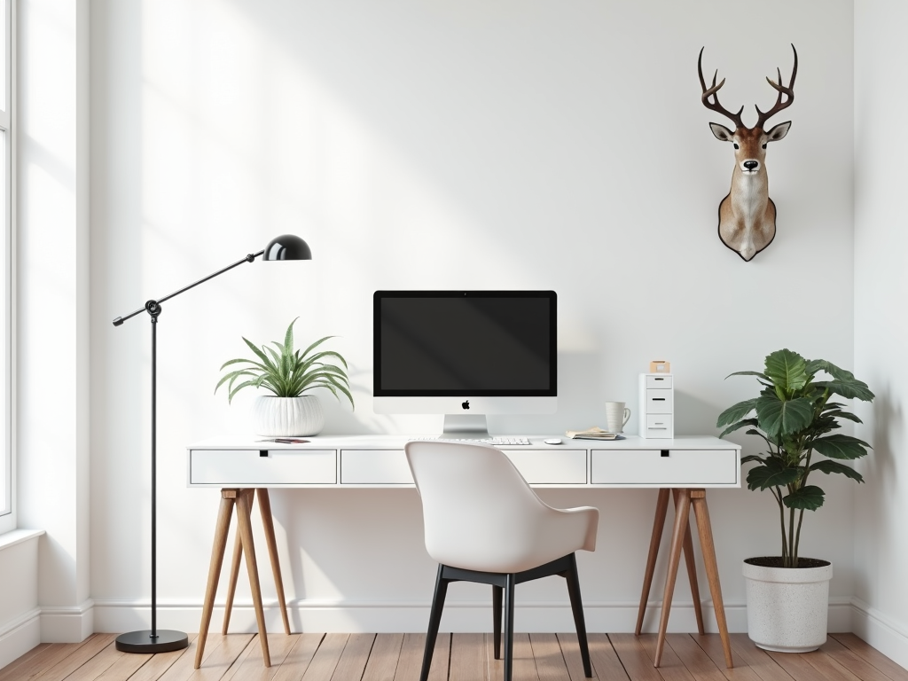 A minimalist home office setup with a white desk, modern decor, and a mounted deer head on the wall.