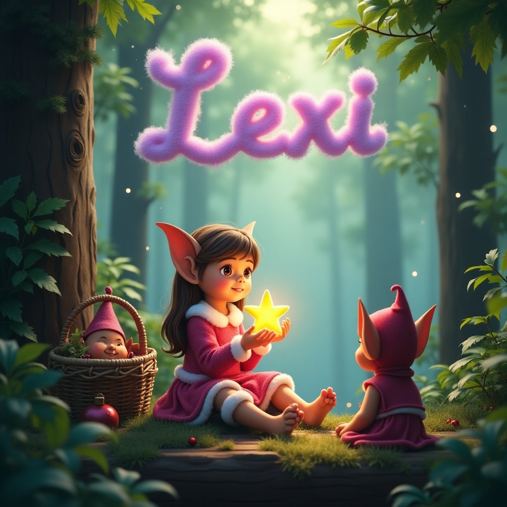 Young elf sits in magical forest on wooden platform. She holds glowing star with lush greenery around. Soft light filters through tall trees. Name Lexi is in whimsical clouds above. Cozy basket and charming gnome complete festive atmosphere. Elf sits facing away from viewer.