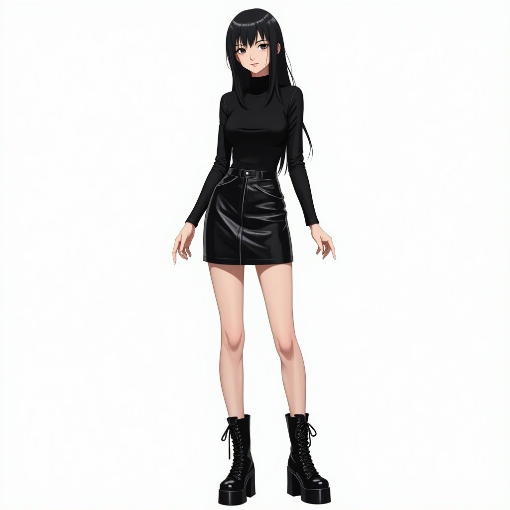 Illustration features a confident young woman. Long black hair falls straight. Dressed in a form-fitting black top and a high-waisted black leather skirt. Tall glossy black platform boots complete the outfit. Art style resembles anime with clean lines and subtle shading.