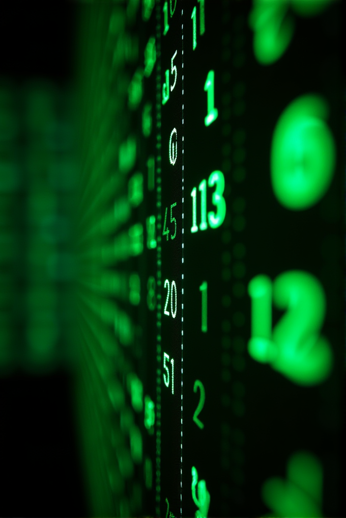 A close-up view of glowing green numbers arranged in vertical columns, creating a digital, cyberpunk aesthetic.