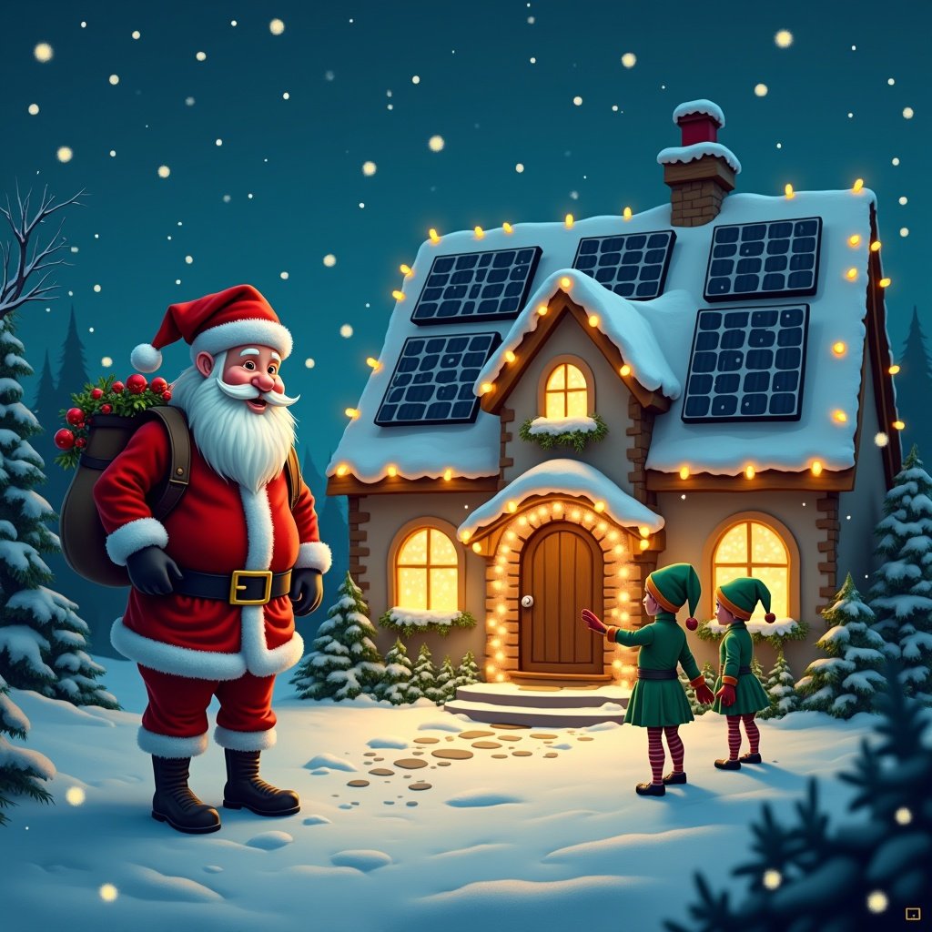 Santa Claus in red uniform stands in front of a house with solar panels. The house is decorated with Christmas lights. Elves in green uniforms assist while snow covers the landscape. The nighttime setting adds to the festive atmosphere.