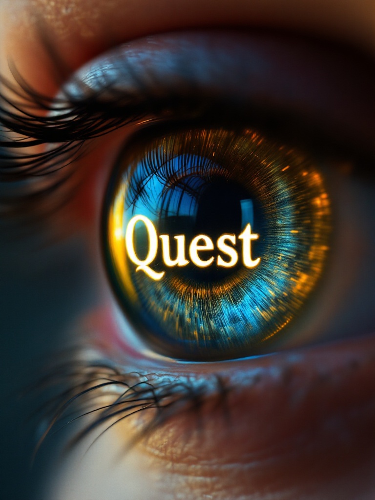 Human eye close-up with intricate design in pupil. The word 'Quest' glows within black pupil. Vibrant colors radiate from the iris. Image evokes mystery and adventure.