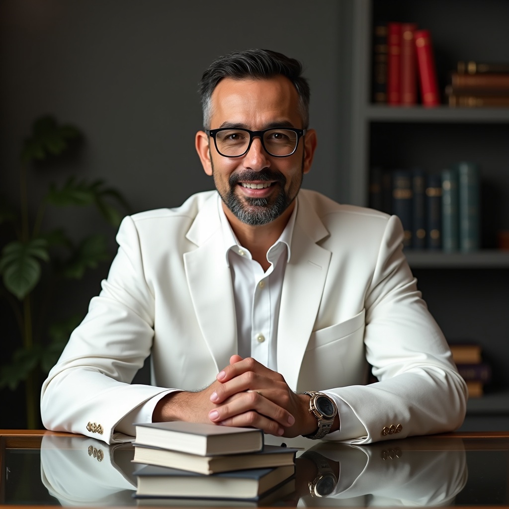 A man in a stylish white suit sits at a glass table. Three books rest on the table. The setting is sophisticated and reflects professionalism. The man smiles confidently, wearing glasses. The background features dark bookshelves. The photo has a trendy, modern feel.