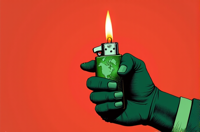 A green hand holds a lighter with a map of the Earth, against a vibrant red background.