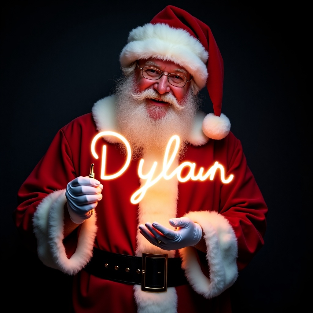 This image features Santa Claus embracing the spirit of Christmas. He is dressed in his traditional red and white suit, complete with a fluffy white beard. Santa is holding a glow stick that beautifully illuminates the name 'Dylan' in bright light. His warm smile radiates holiday cheer, inviting joy to all who see him. The background is a deep black, making the glowing name pop out vividly. This festive image captures the magic of the season, perfect for personalized holiday greetings.