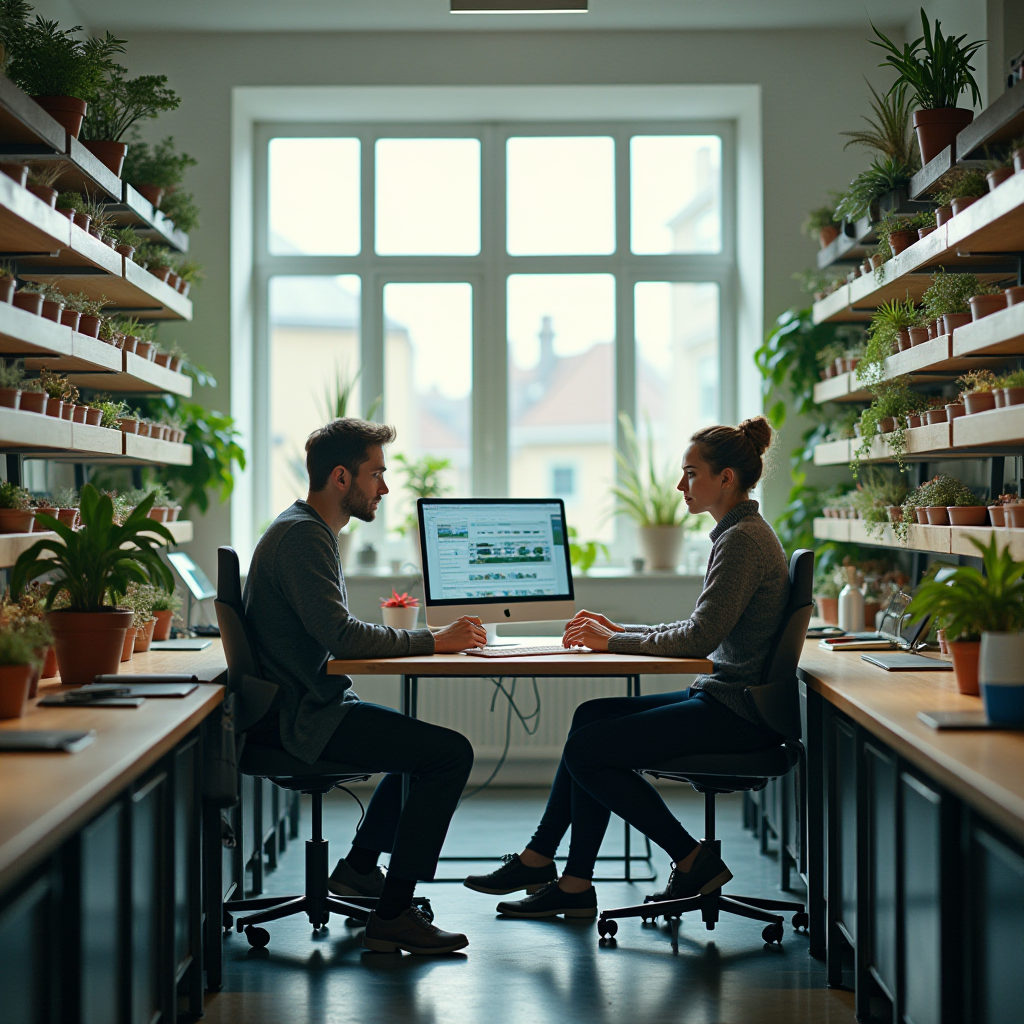 The image depicts a modern office environment with a nature-inspired theme. Two people are seated across from each other at a shared desk, engaged in conversation or collaboration, with a large computer screen between them. The workspace is flanked by shelves filled with a variety of potted plants, adding a refreshing and natural atmosphere to the room. Natural light streams in through a large window in the background, further illuminating the space. Both individuals are dressed casually, suggesting a relaxed and creative work environment.