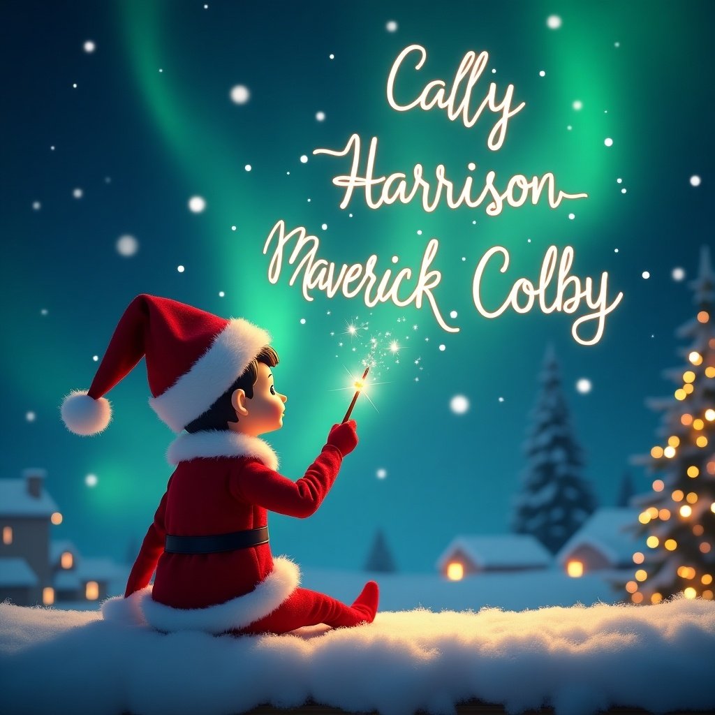 Elf character sits facing the sky. He uses a wand to write names in the air. Background shows a magical Christmas scene with northern lights. Snowy houses and Christmas tree are visible.