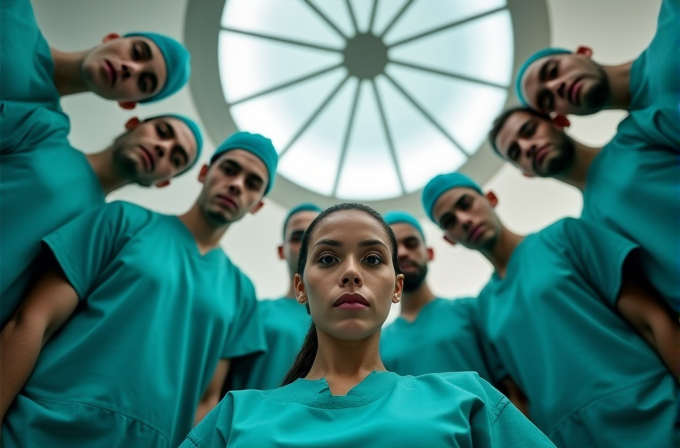 A group of surgeons in teal scrubs and caps stand under a modern, circular skylight, looking down intently.