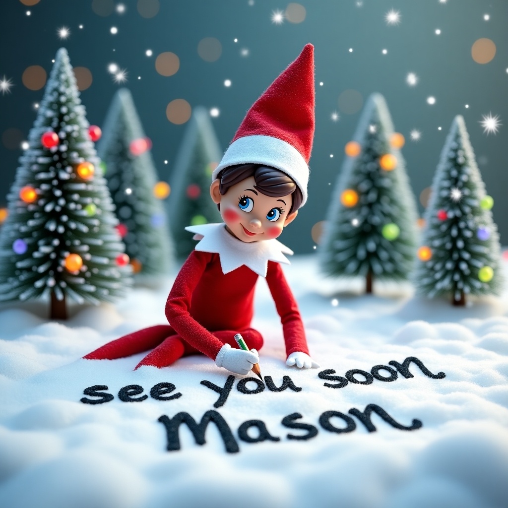 Elf on the Shelf writes in snowy landscape. Message says 'see you soon Mason'. Elf has rosy cheeks, brown hair, blue eyes. Background features evergreen trees with snow and lights. Snowflakes fall around. Elf wears red and white outfit.