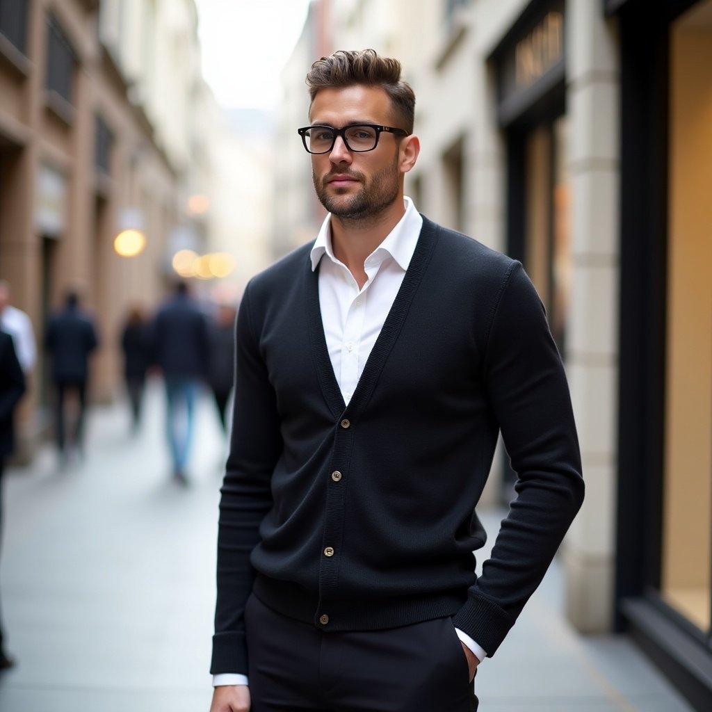 A man stands confidently in a black cardigan. He has light skin and is in an outdoor urban area. The background features blurred figures suggesting a busy street. The man wears glasses and smiles softly. His hair is styled neatly. The atmosphere looks sophisticated yet casual.