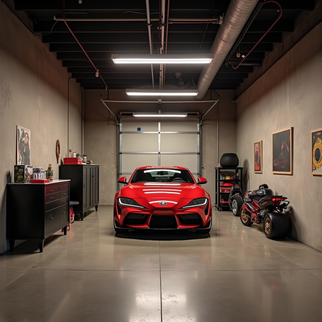 A small garage designed for only one car is transformed into a hip hop dance studio. The studio features a contemporary design with no mirrors. The garage houses a vibrant red sports car in the center, surrounded by urban art and minimalistic decor.