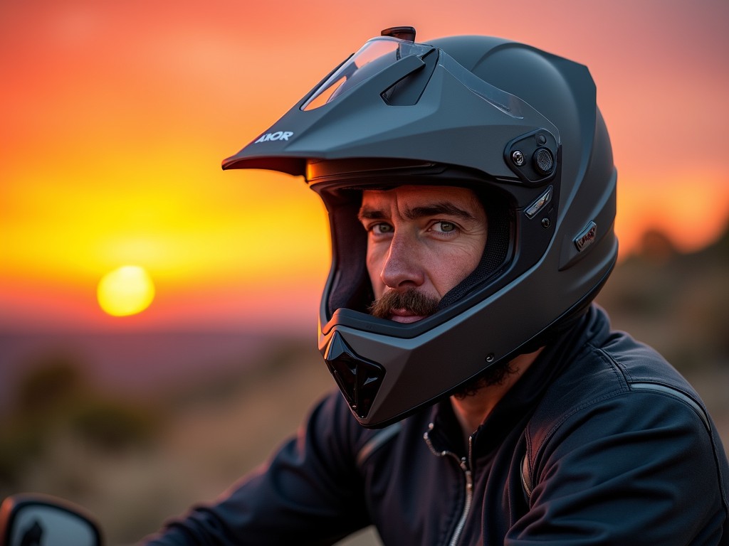 The image captures a motorcyclist wearing a black matte helmet and jacket, set against a stunning sunset backdrop. The warm tones of the sunset contrast vividly with the dark colors of the rider's gear, creating a dramatic and adventurous atmosphere.