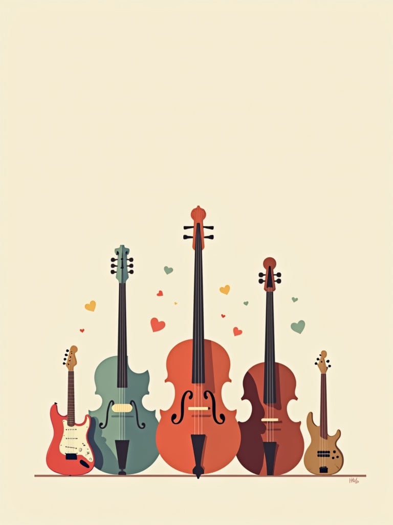 Design features a minimal style with a variety of musical instruments. Includes an electric guitar two cellos and two violins. The instruments are arranged in a harmonious manner. Soft pastel colors dominate the design. Heart shapes in background add a touch of warmth.