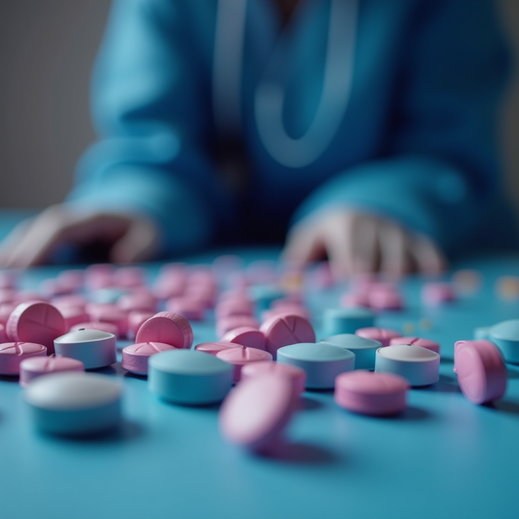 A person reaches towards a scattered array of pink and blue pills on a blue surface.