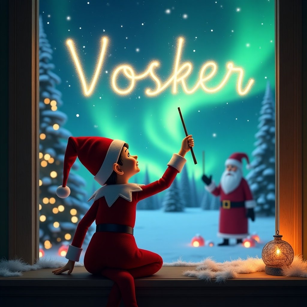 An elf writing Vosker in the sky with a wand. Magical Christmas scene shows northern lights and Santa. The elf has a festive red outfit and is facing the beautiful winter landscape.