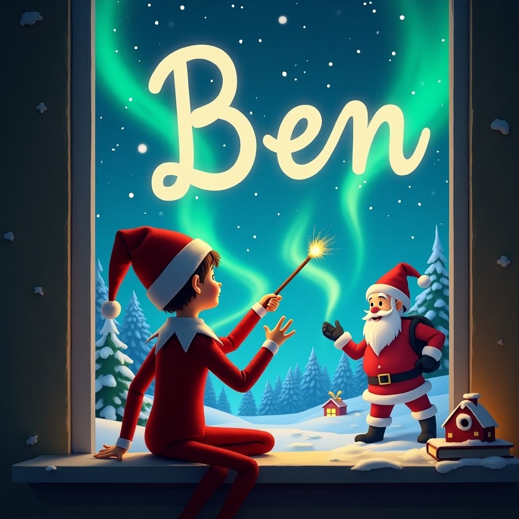 The scene captures a whimsical Christmas-themed illustration featuring an elf on the shelf. The elf faces the sky with his back to the viewer, using a wand to write the name 'Ben' in shimmering letters against a backdrop of enchanting northern lights. Beside the elf stands a jolly Santa Claus, adding to the festive feel. The window setting hints at a cozy indoor atmosphere while outside, snow-covered trees and charming little houses illuminate the magical winter night. This delightful moment embodies the fun and spirit of the holiday season, making it perfect for children and families.