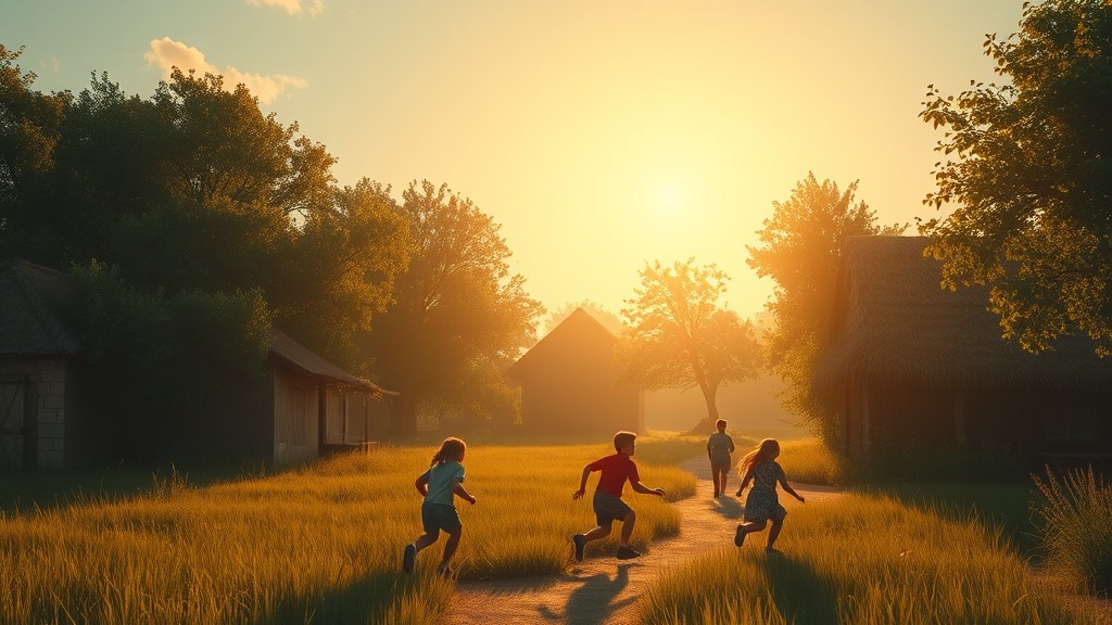 Children play and run along a village path under the golden glow of a setting sun.