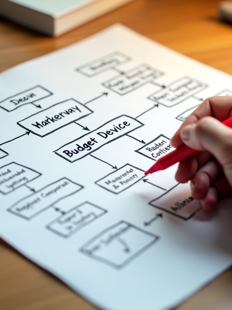 Detailed flowchart with handwritten notes on paper. Hand holding a red marker pointing to the box labeled 'Budget Device.' Flowchart includes branches related to budgeting. Warm light illuminates the paper on a wooden surface. Creative brainstorming session with organized thoughts.