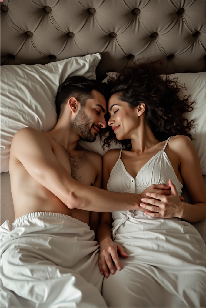 A couple lies peacefully in bed, wrapped in each other's arms, on white sheets with a softly tufted headboard in the background.