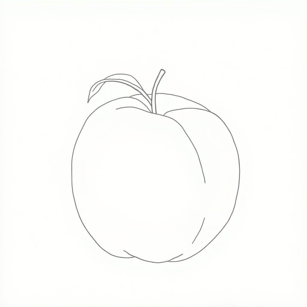 Line drawing of a peach in minimalist style. Outline features a simple shape with a leaf on top. No color or shading is present.