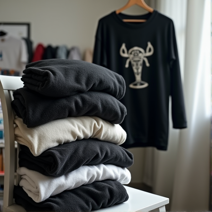 A stack of black and white folded garments on a chair with a black shirt hanging in the background.