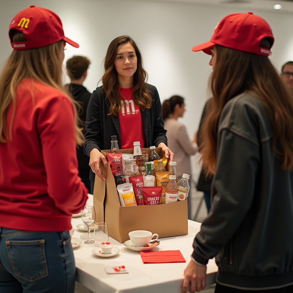 A group of people gather around a table with a box containing assorted beverages.