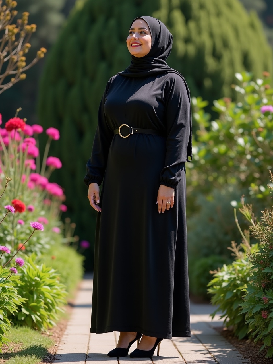 A woman in a black dress and hijab standing in a vibrant garden, smiling with confidence, under bright natural light, surrounded by colorful flowers and greenery.