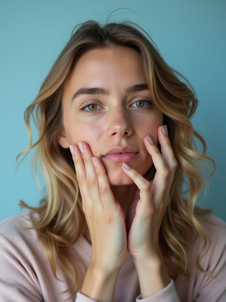 Close-up portrait of a thoughtful person with wavy hair against a light blue background.