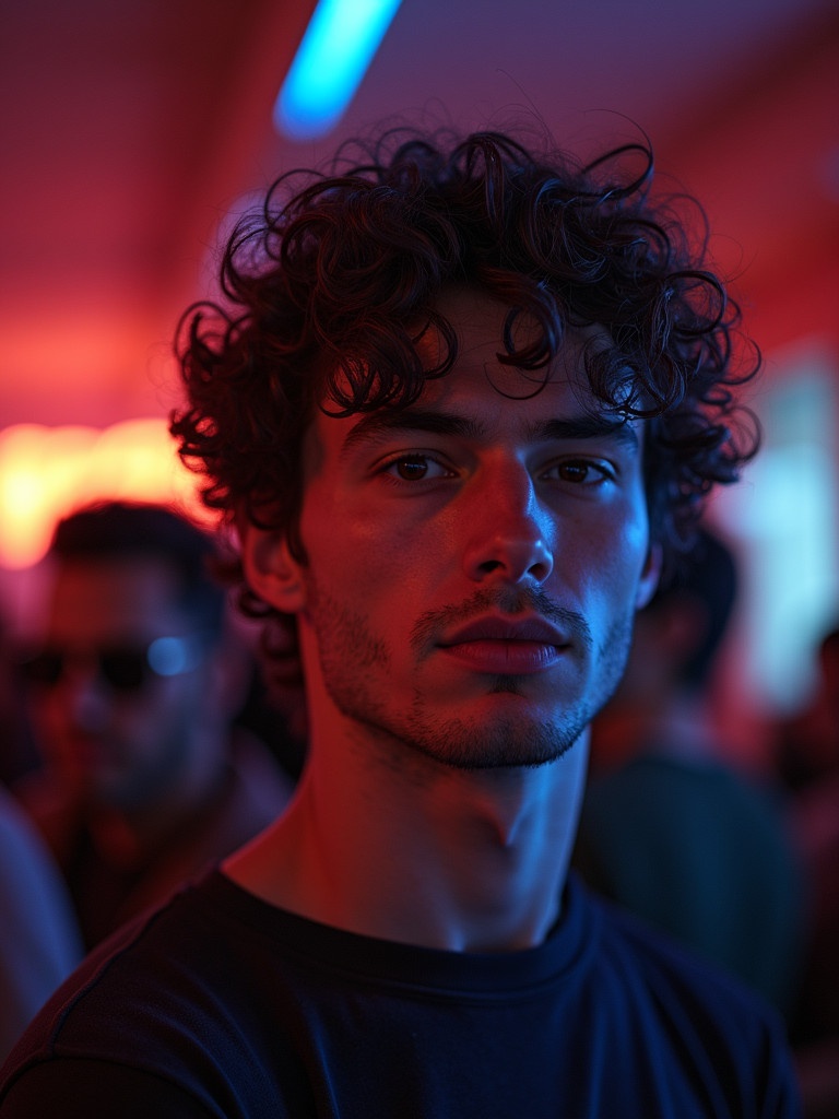 A man with curly hair looks directly at the camera in a dimly lit setting. Colorful lighting creates an atmospheric background. Serious expression adds intensity to his gaze. Another person with curly hair wears sunglasses confidently in the backdrop.