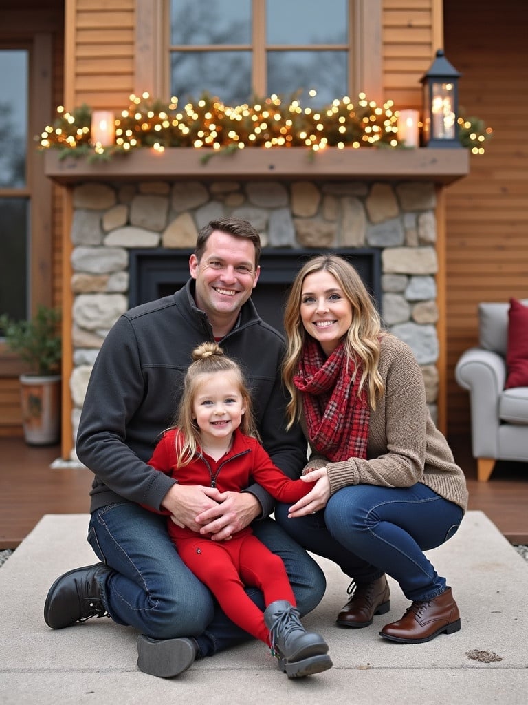 Family portrait taken during New Year celebrations. Parents and child are smiling together. The setting is cozy with festive decorations around them. Family is in warm clothing, presenting a joyful atmosphere.