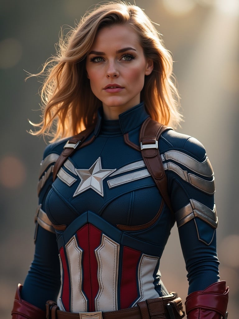 Female character portraying Captain America. The character wears a costume with red white and blue colors. The character stands confidently with a heroic pose. The background is softly lit creating a dramatic effect.