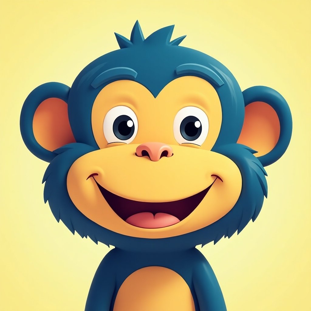 Cartoon character face of a happy monkey. Blue and yellow theme color. Cheerful expression with large eyes.