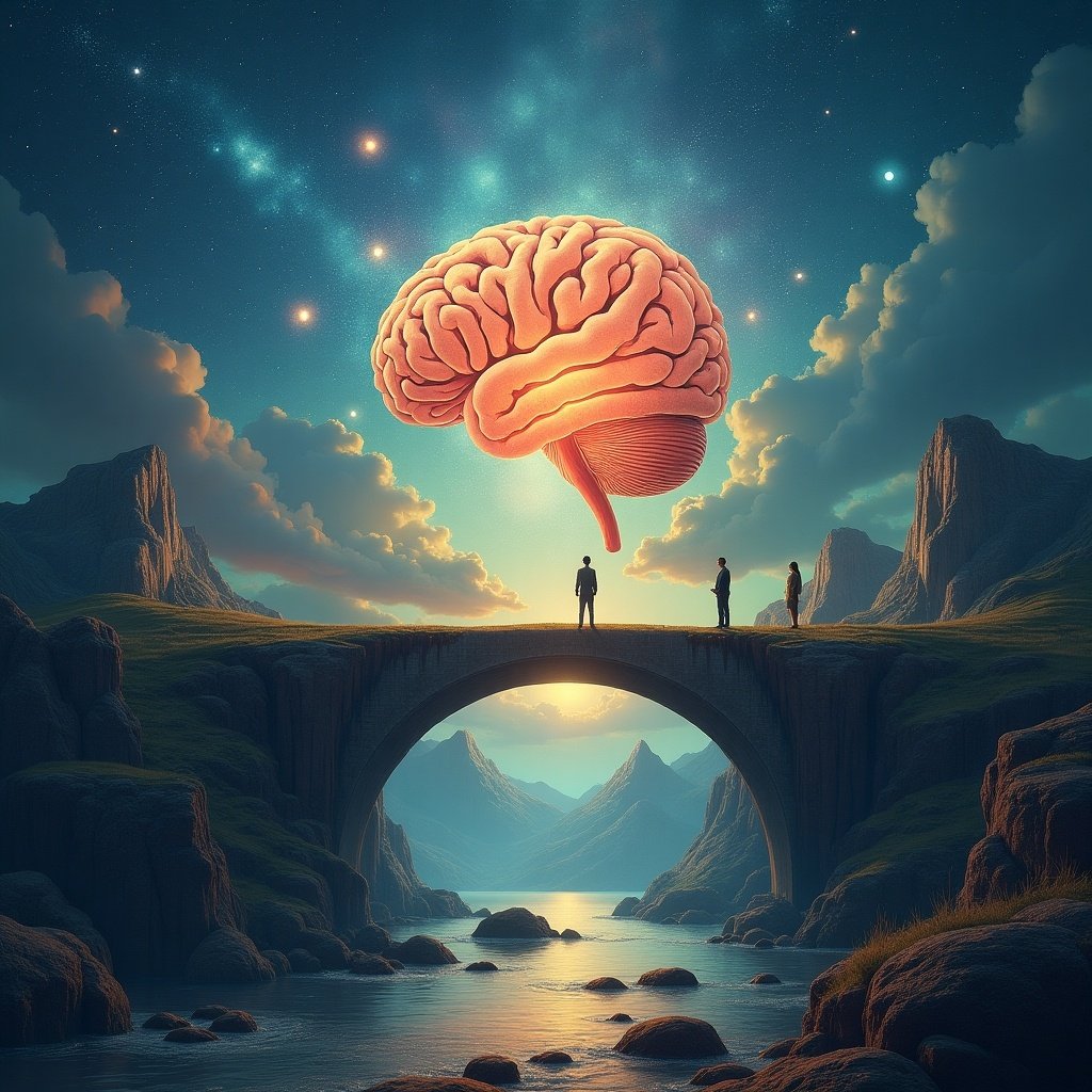 The image depicts a surreal landscape with a large, illuminated brain hovering above a bridge. Three people stand on the bridge, contemplating the scene before them. The background features majestic mountains and a river. The colors blend harmoniously, creating a sense of calm and wonder. Soft stars twinkle in the sky, further enhancing the dreamlike quality of the image. This visual metaphor emphasizes the power of the mind as a bridge between reality and dreams, symbolizing exploration of its limitless potential.