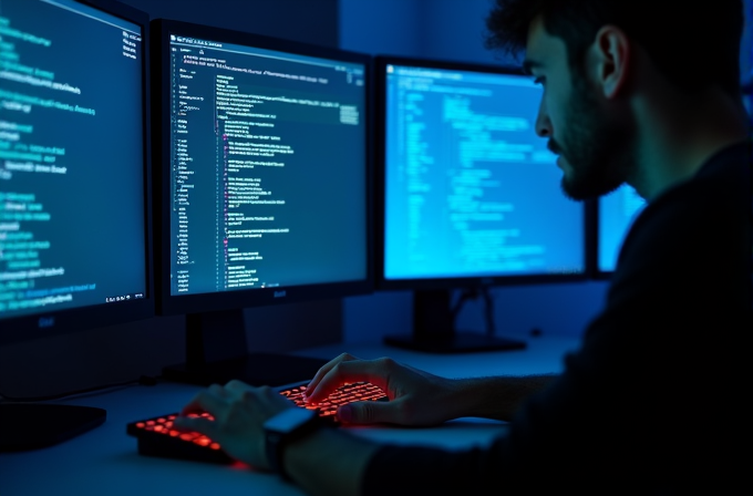 A person is working on a computer with code on multiple screens in a dimly lit room.