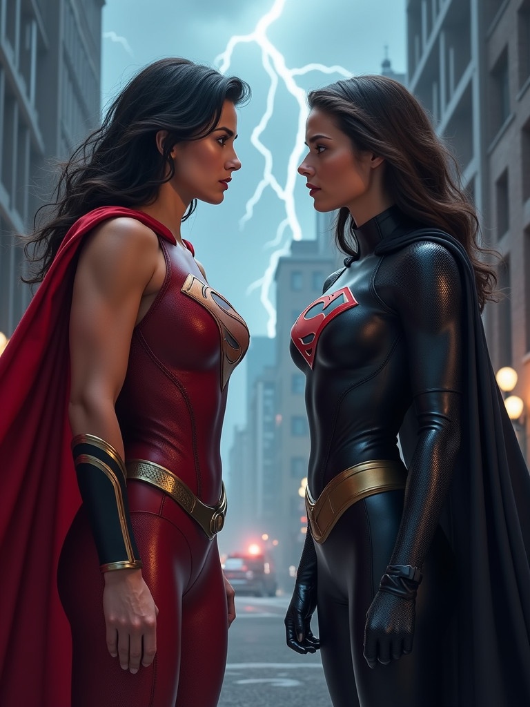 Two superheroes face off in a dramatic confrontation. One woman wears a red cape and costume; the other has a black bodysuit and cape. The urban background is dark with stormy skies and lightning. The scene is charged with intensity and showcases their muscular forms and distinct costumes.