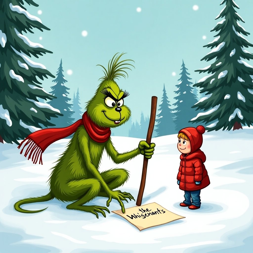 Grinch writing The Whisenants in the snow with a stick. Scene has snow-covered hills and evergreen trees. Grinch is green with a red scarf. Child in red coat stands by.