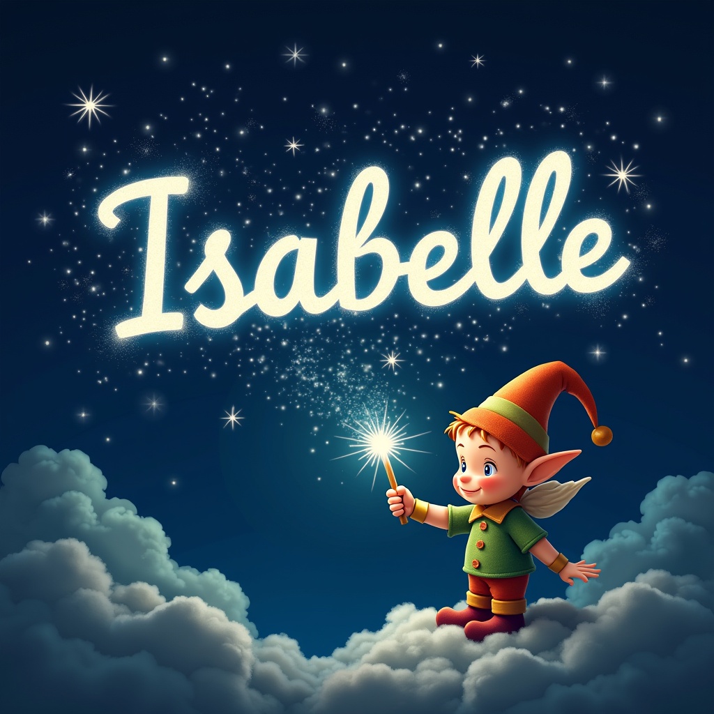 An elf uses a magical wand to write the name Isabelle in bright sparkling text against a starry sky. Dark clouds enhance the luminous letters. The elf wears colorful clothing creating a whimsical atmosphere. Twinkling stars add to the magical effect.