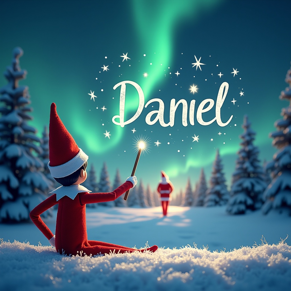 An elf on the shelf is seen with his back towards the viewer, facing a beautiful winter landscape. He holds a magic wand, using it to write the name 'Daniel' in the sky. The background features mesmerizing northern lights illuminating the night. In the distance, Santa Claus stands amidst the snow-covered trees. This scene captures the essence of Christmas magic and wonder, inviting viewers into a whimsical holiday world.