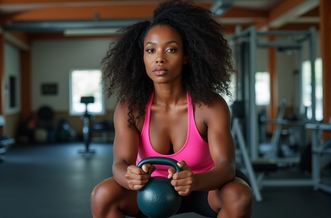 A woman holding a kettlebell, poised and ready for a workout in the gym.