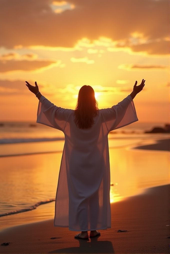 A person stands on the beach at sunset with arms outstretched, facing the ocean.