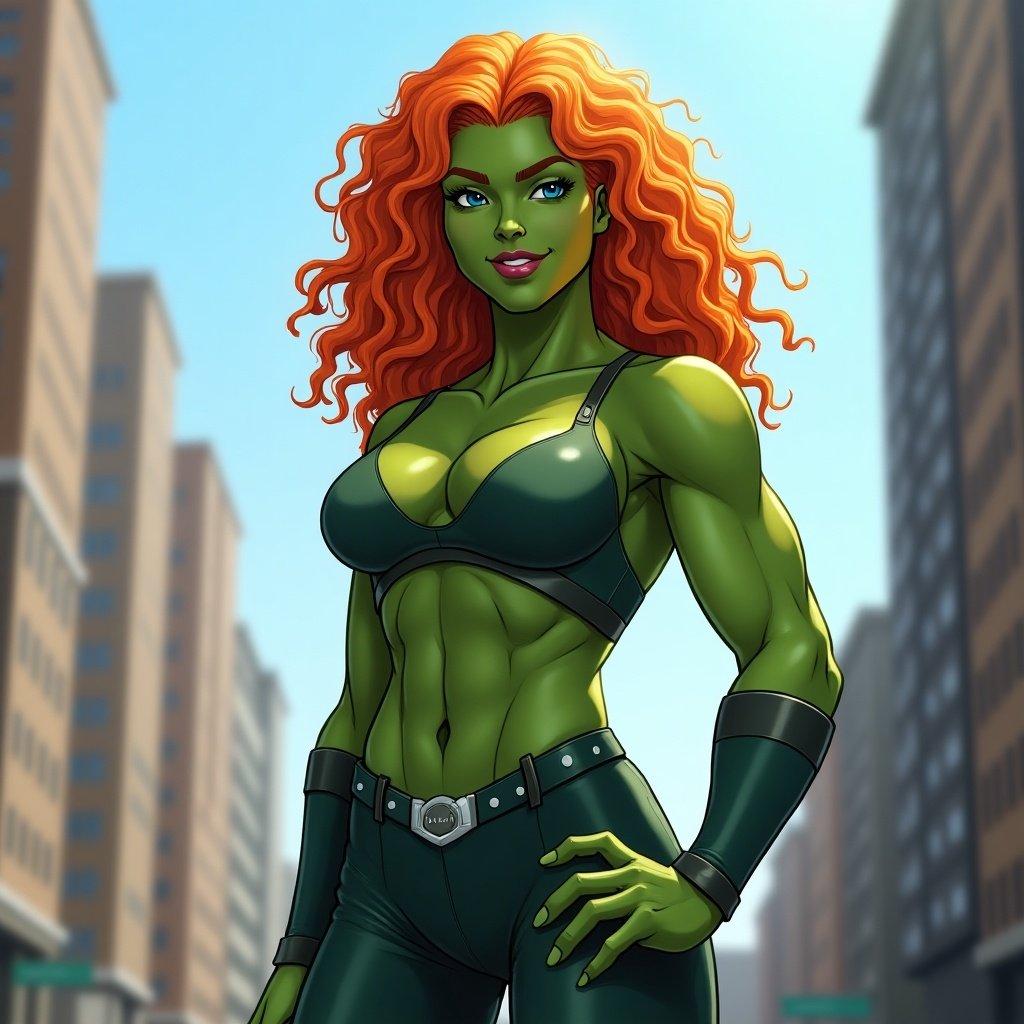 A superheroic female figure with vibrant orange curly hair striking a confident pose in an urban setting. The character is muscular, wearing a stylish outfit that accentuates her strength. A modern cityscape serves as the background.