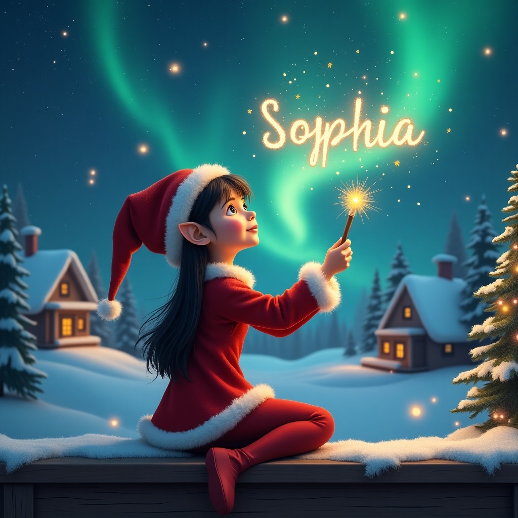 A female elf with dark hair and eyes is seated on a wooden ledge. She gazes up at a magical sky filled with stars and vibrant Northern Lights. Dressed in a festive red outfit and a pointed hat, she holds a sparkling wand. The elf writes in the air as it glimmers. Surrounding her is a serene snowy landscape with charming little houses and evergreen trees, capturing the essence of childhood magic and Christmas cheer.