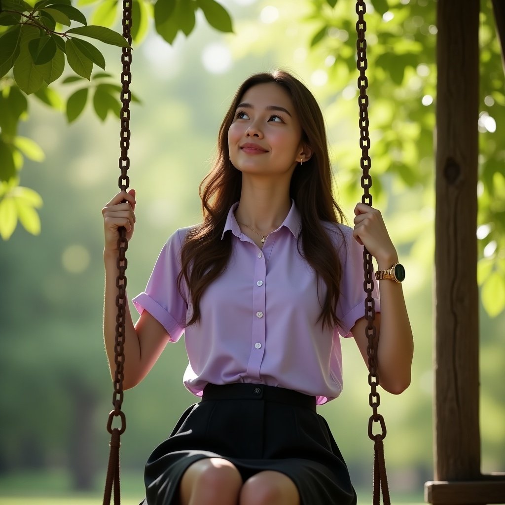 A slim girl in a light purple short sleeve shirt and a black A-line skirt is sitting on an old brown wooden swing. Swing is rusty with dark brown chains. She wears a gold wristwatch. Her long brown hair is neatly styled. She looks up at the sky with a happy expression. Gentle sunlight creates soft shadows on her face and body. The background is a vibrant green natural scene with blurred leaves, creating a warm and peaceful atmosphere. The image should be high resolution with vivid colors, capturing the realism of light and shadows and the details of her clothing. Photorealistic quality 8k HD DSLR.