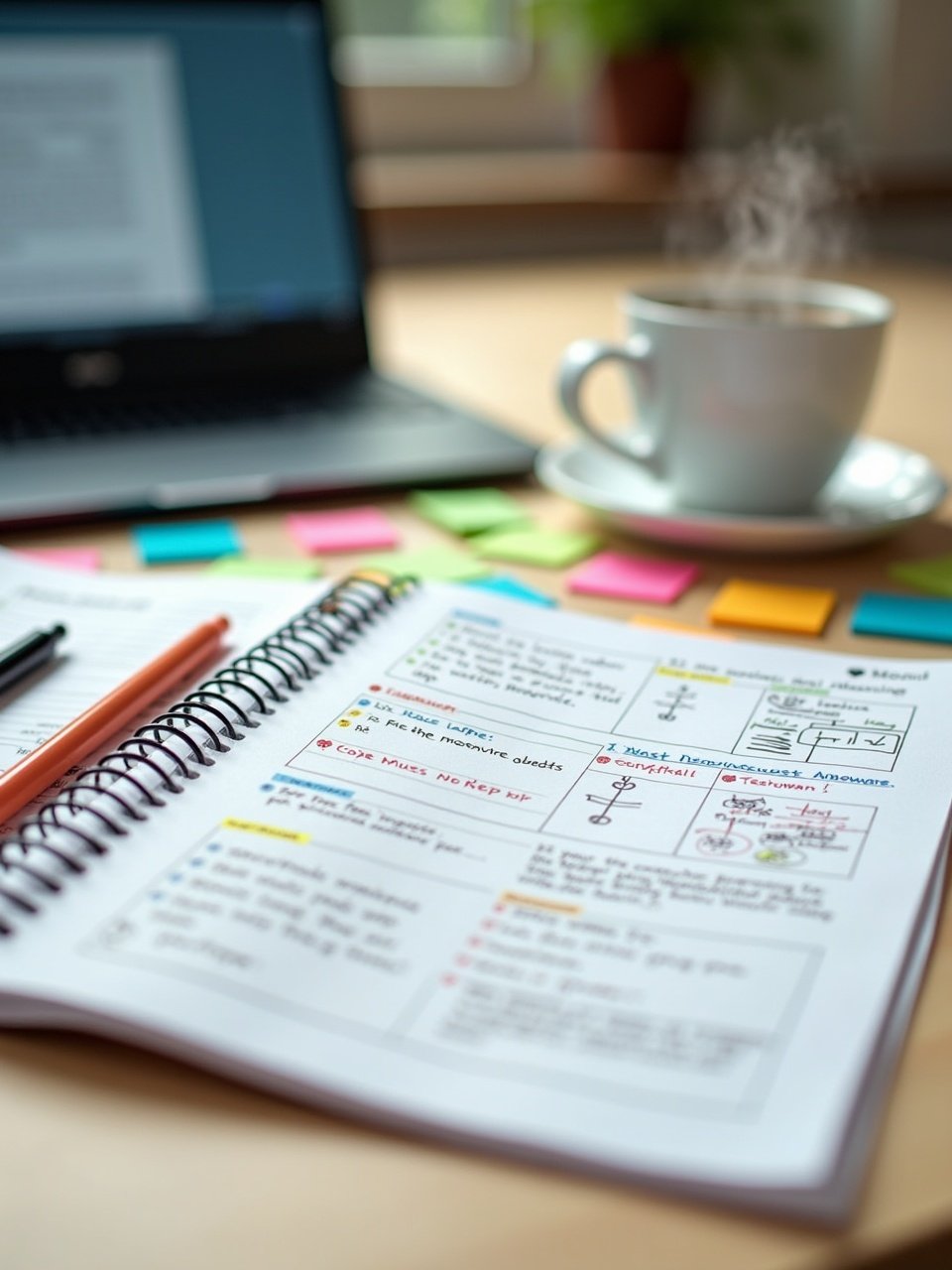 A study guide placed on a wooden table with a laptop and a coffee cup. Bright sticky notes are scattered around. A pen lies next to the notebook. A warm, inviting atmosphere for studying is created.